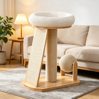 Arbre à chat ScratchSphere 72 cm en bois de caoutchouc avec plateau à gratter incliné en sisal, jouet à bille rotatif, poteau à gratter central