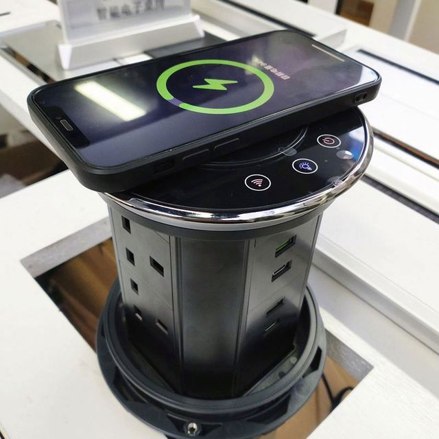 Wifi Motorized 6 UK Power Outlet Smart Motorized Wireless Charger Kitchen Tabletop Power Pop up Tower Usb Socket with Led Light
