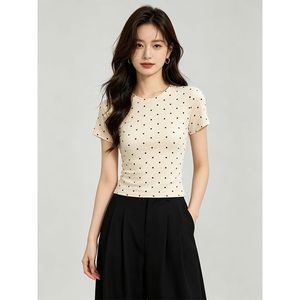 RUICHI T-shirt femme 230GSM à pois, coupe ajustée, manches courtes, col rond, élégant et décontracté - Product Image 2