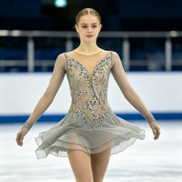 Robe de patinage sur glace gris clair, ornée de strass, à manches longues, pour enfants et adultes, pour compétition et spectacle