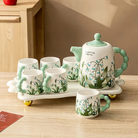 Vente en gros d'usine de luxe élégant ensemble de tasses à thé en céramique florale avec boîte-cadeau 6 tasses 1 théière et plateau de service