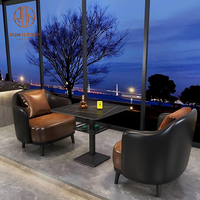 Ensemble de mobilier de restaurant, canapés en cuir véritable et brun avec table à manger carrée pour café moderne, salon de thé