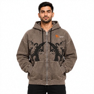 Vintage Acid Wash Zip-Up Hoodie Men 370gsm 100% Cotton Fleece Winter Eco-Friendly Casual Custom OEM Private Label Factory - Product Image 1
