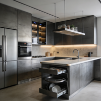Meubles de cuisine industriels chic avec îlot central et appareils électroménagers encastrés
