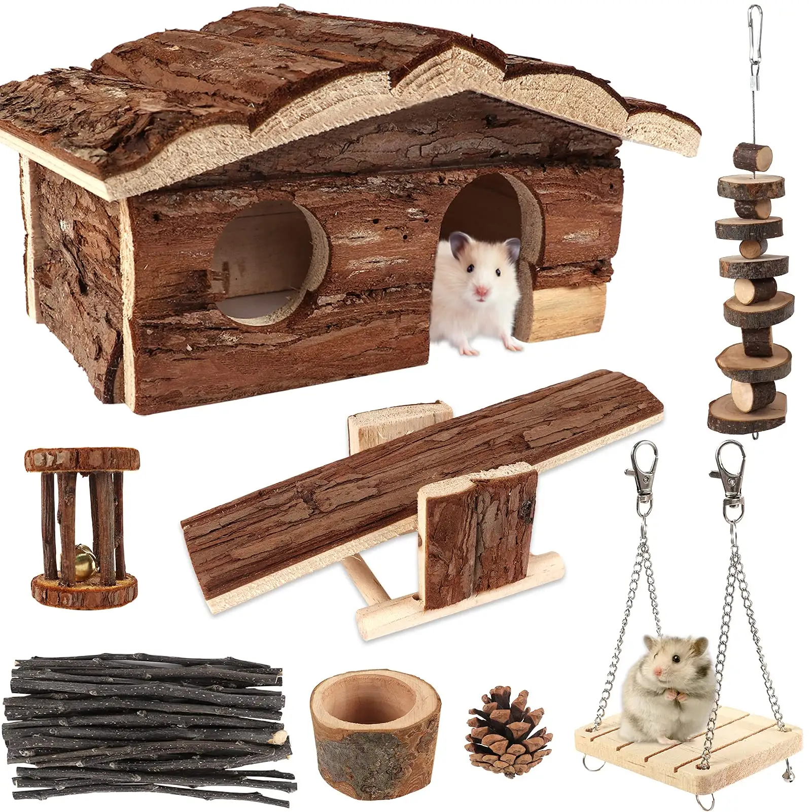 Natuurlijke Houten Schuilplaats Hamster Kauwen Speelgoed Met Houten Huis Miniatuur Hamster Draagbare Huis Houten