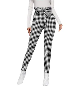 Pantalones informales de moda americana para mujer, Pantalón elástico de cintura alta, personalizado a cuadros