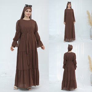 Brown Long Sleeve Modest <b>Abaya</b> With Tiered Hem And Belt For <b>Women</b> Floor Length Solid Color Lightweight Daily Wear Dress - Product Image 2
