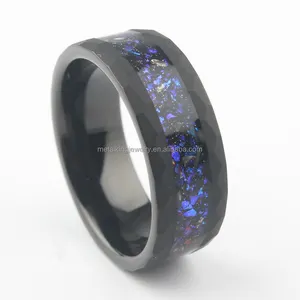 Blue Purple Sandstone and Meteorite Ring, Black Sandblasted Hammered Tungsten Ring, Wedding Band for Men