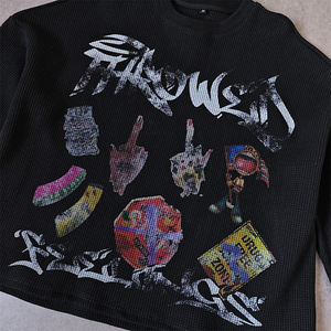 Streetwear <span class=keywords><strong>nera</strong></span> felpa grafica con stampa Dtg <span class=keywords><strong>termica</strong></span> personalizzata cotone Oversize Waffle camicie a maniche lunghe per gli uomini - Product Image 4