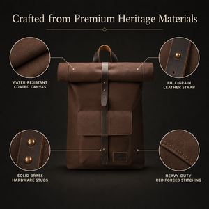 Mochila Marrón Enrollable de Lona para Portátil, Estilo Vintage, para Viajes y Uso Diario - Product Image 3