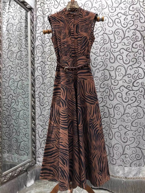 New Long Dress 2026 Summer Fashion Lady Sexy Wild Zebra Print Pocket Belt Patchwork Sleeveless Casual Party Long Maxi Dress