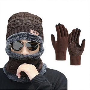 Ensemble bonnet, écharpe et gants imprimés géométriques d'hiver pour hommes et femmes, ensemble trois pièces en tricot chaud doublé de polaire - Product Image 3