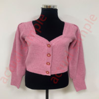 Damen Strickjacke mit Sweetheart-Ausschnitt, Blumenmuster-Knöpfen, Kurzer Pullover, Einreihig, Puffärmel, Winter-Strickware