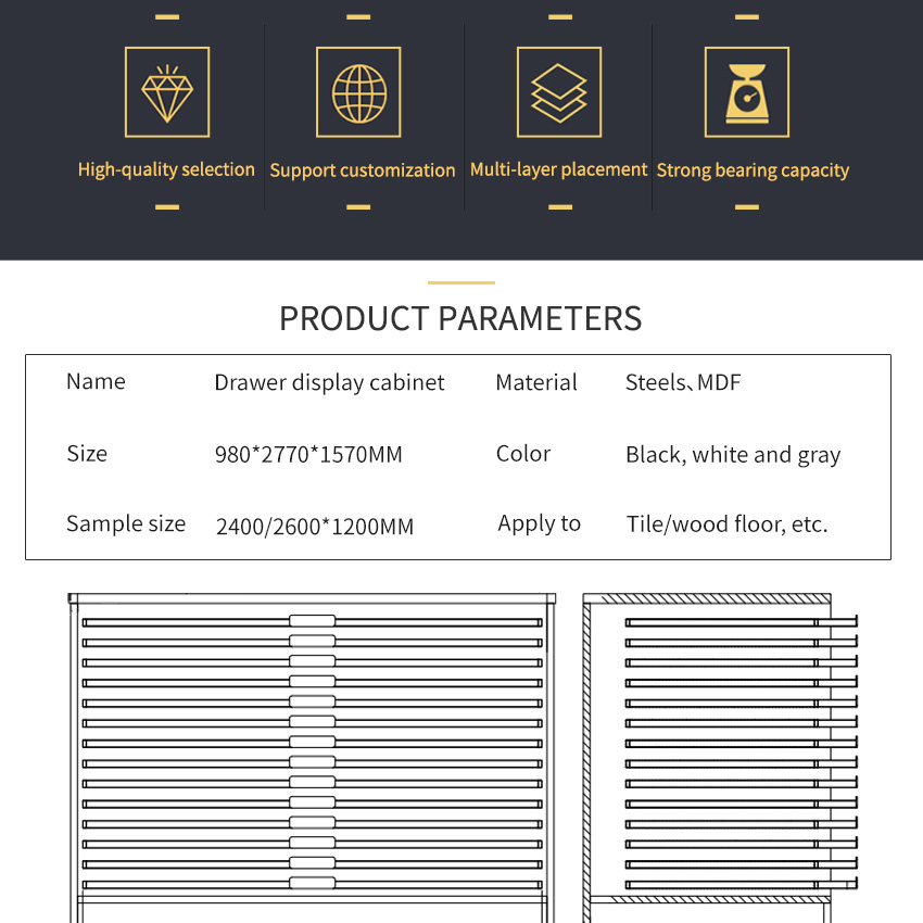 Customized high quality granite ceramic tile showroom quartz marble sample flooring-standing drawer stone display rack