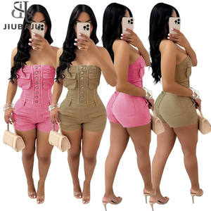Combinaison courte sexy pour femme, épaules dénudées, sans bretelles, multi-poches, boutonnée, pour anniversaires, soirées et clubs - Product Image 1