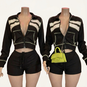 Conjunto de 2 Piezas Negro para Mujer, Chaqueta Corta y Pantalones Cortos con Cordón, Atuendo Casual, Conjunto de 2 Piezas - Product Image 2