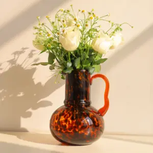 One Ear Watering Can Shape Leopard Murano Glass Flower Vase For Home Wedding Decoration