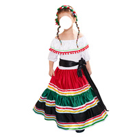 Robe longue classique de style folklorique mexicain pour fille, costume d'Halloween, robe de danse traditionnelle pour enfants, épaules dénudées, pliée