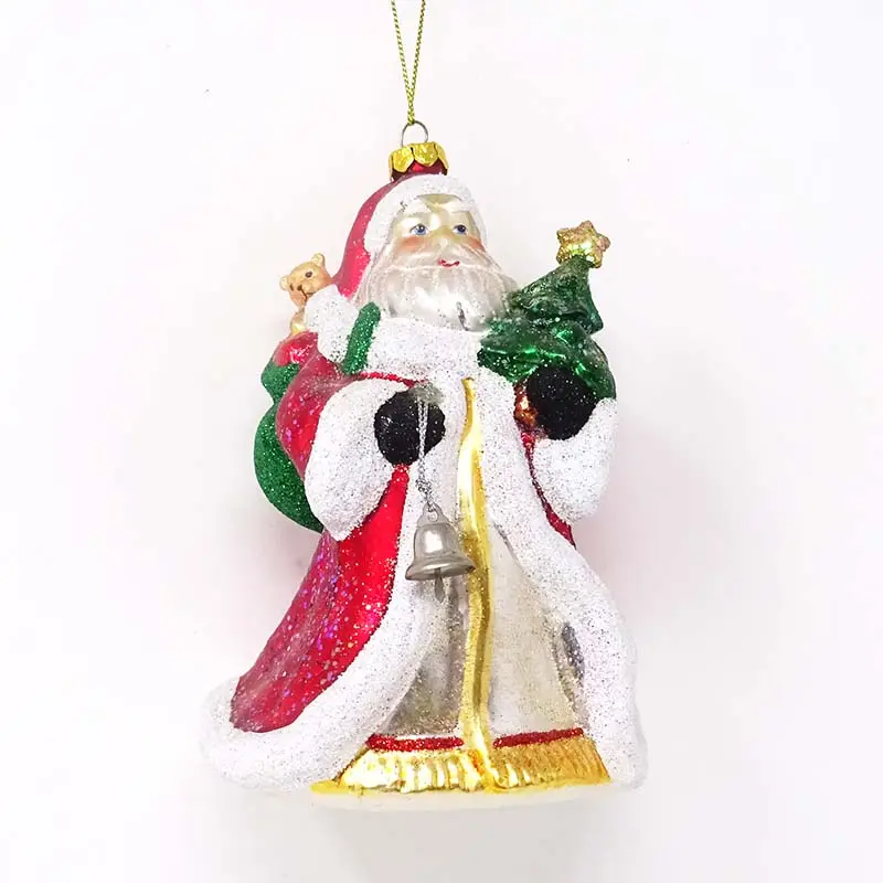Grosir ornamen natal ditiup kaca dilukis tangan kakek tradisional memegang bel dan memegang pohon Natal
