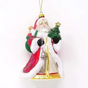 Wholesale christmas ornaments blown glass hand painted traditional grandpa holding a bell and holding a christmas tree
