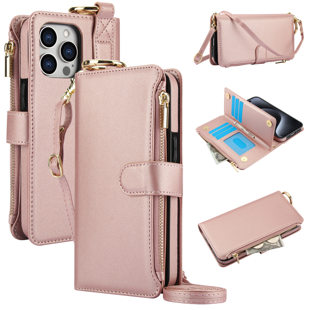 Fashion Ladies Crossbody Phone Purse Case for iPhone 11 12 13 PU Leather Flip Cover with Card Slots Zipper Pocket Shoulder Strap