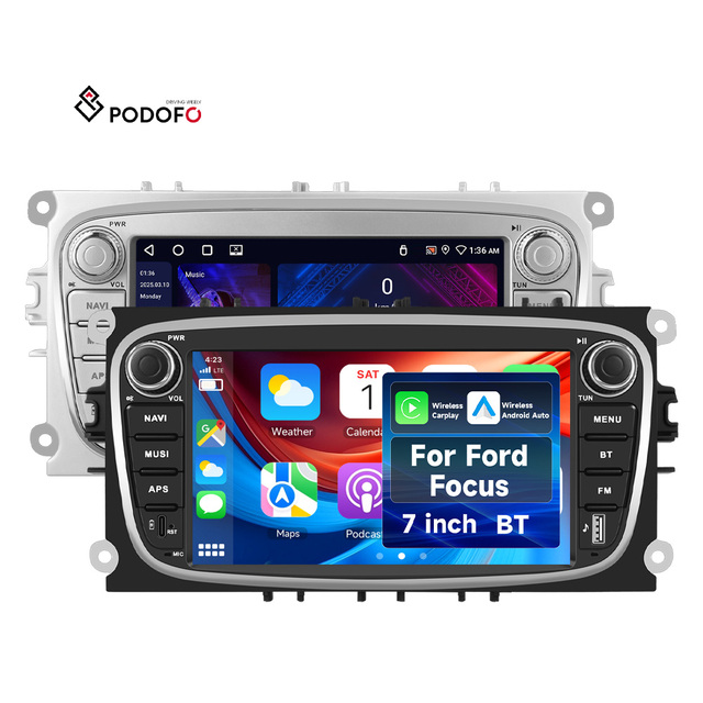 Podofo Android Car Stereo 7'' IPS 4+64G Wireless CarPlay/Android Auto Radio for Ford Focus II/S-Max/Mondeo 9/Galaxy II/C-Max