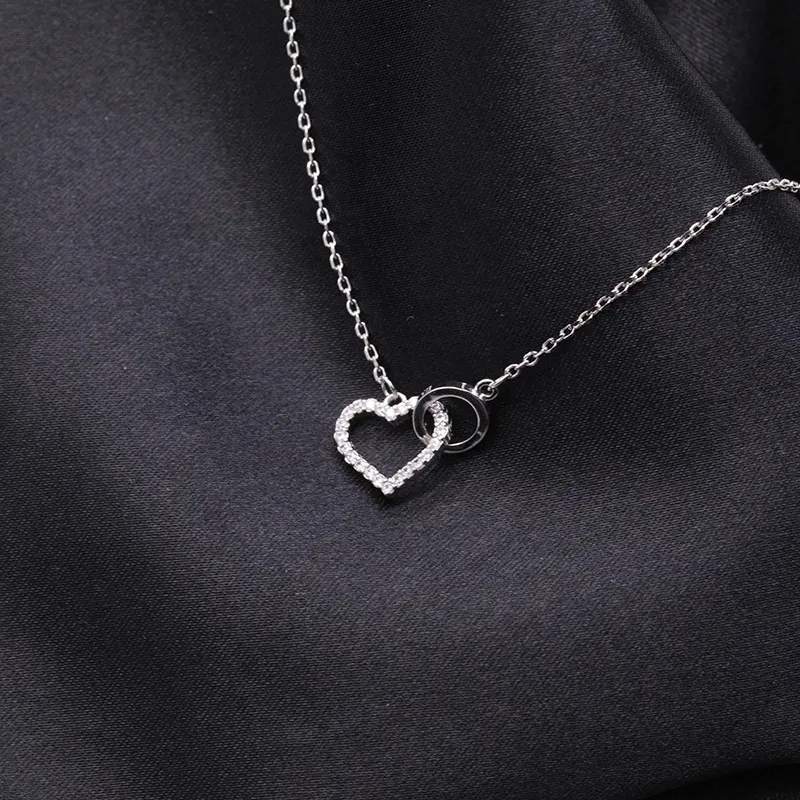 925 Sterling Silver Zircon Interlocking rings necklace double Heart Circle Pendant Women jewellery heart necklaces for women