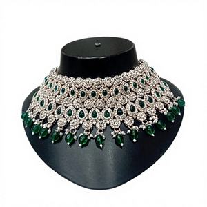 Plated Alloy Ethnic Kundan <b>Choker</b> Necklace Set Green Enamel Stones <b>Pearl</b> Detailing Matching Earrings for Anniversary Engagement - Product Image 1