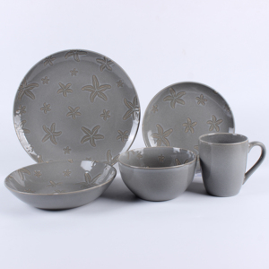 Juego <span class=keywords><strong>de</strong></span> Vajilla Estilo Costero con Estrellas <span class=keywords><strong>de</strong></span> Mar en Relieve - Platos, Tazones y Taza <span class=keywords><strong>de</strong></span> Café <span class=keywords><strong>de</strong></span> Gres Gris con Diseño Impreso - Product Image 1