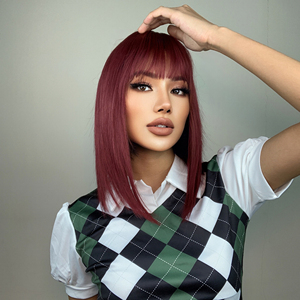 Faux postiche avec <span class=keywords><strong>frange</strong></span> rouge, Extension de <span class=keywords><strong>cheveux</strong></span> synthétiques une pièce naturelle pour femmes résistant à la chaleur - Product Image 4