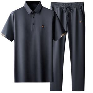 Nero estate nuovi Set da uomo, <span class=keywords><strong>blu</strong></span> <span class=keywords><strong>scuro</strong></span> sottile vestito ad asciugatura rapida Casual Polo pantaloni larghi elastici, Set di 2 pezzi di moda - Product Image 3