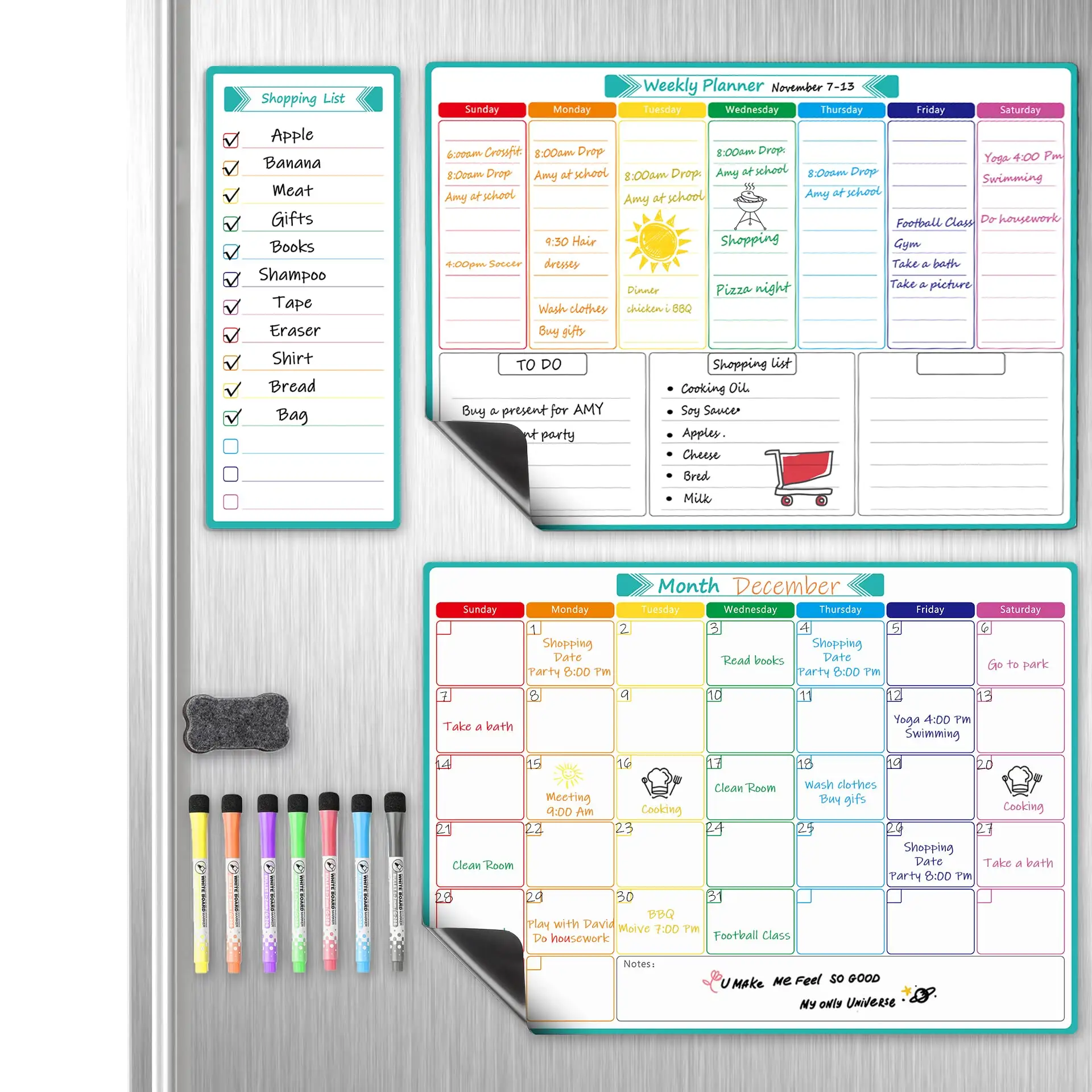 Calendario magnético para juego de nevera Calendario de nevera de borrado en seco semanal, pizarra blanca, planificador de comida, tablero de menú, imán engrosado