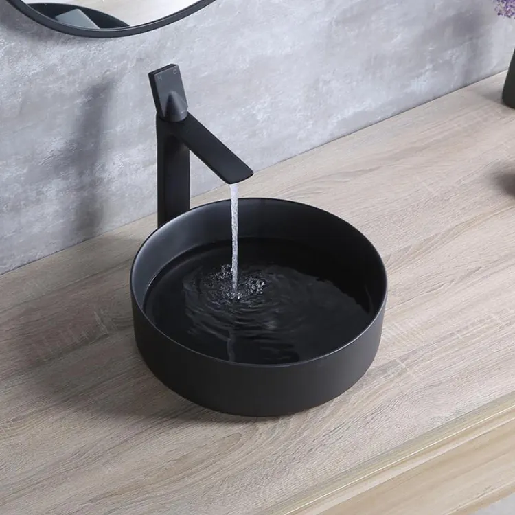 Lavabo de porcelana de estilo nórdico, encimera de cerámica, lavamanos, negro mate, para Baño