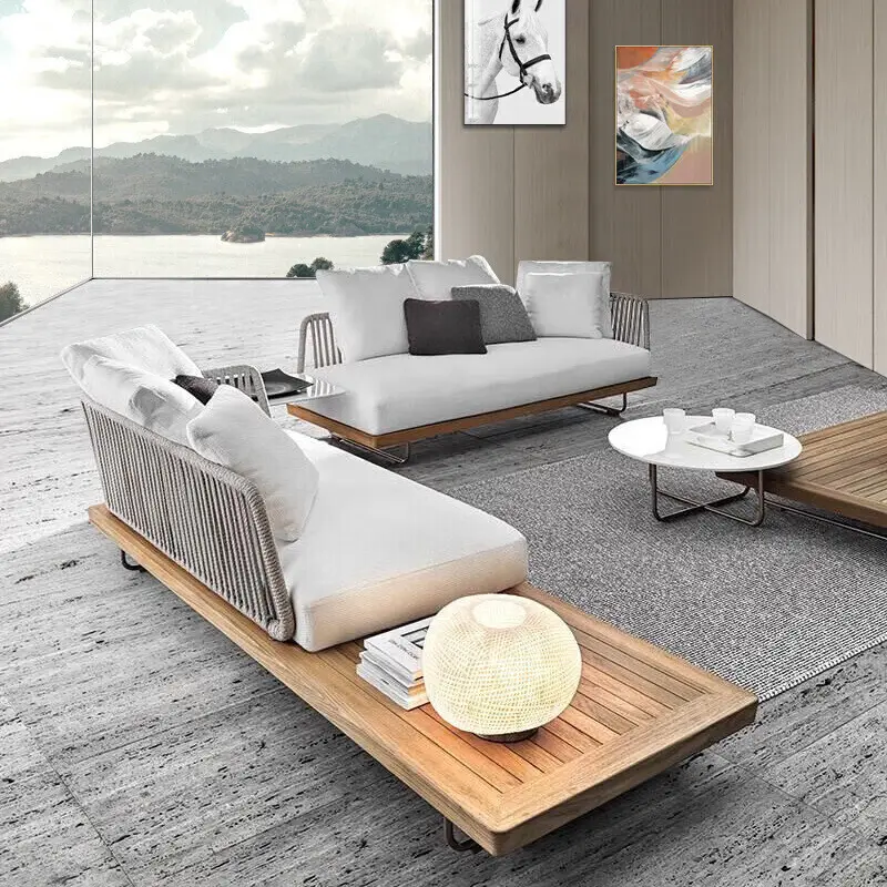 कुशन सोफा सेट के साथ नई शैली का ठोस लकड़ी का फर्नीचर, लिविंग रूम गार्डन आँगन होटल सेक्शनल एल आकार आउटडोर सोफा आधुनिक विला
