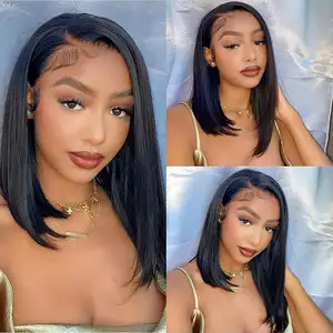 Perruques <span class=keywords><strong>Bob</strong></span> Courtes HD 4x4 en Cheveux Brésiliens Vierges Remy Double Drawn Noir Naturel 12A, Lace Front Transparente, Lisses et Ondulées, Densité 180% - Product Image 3