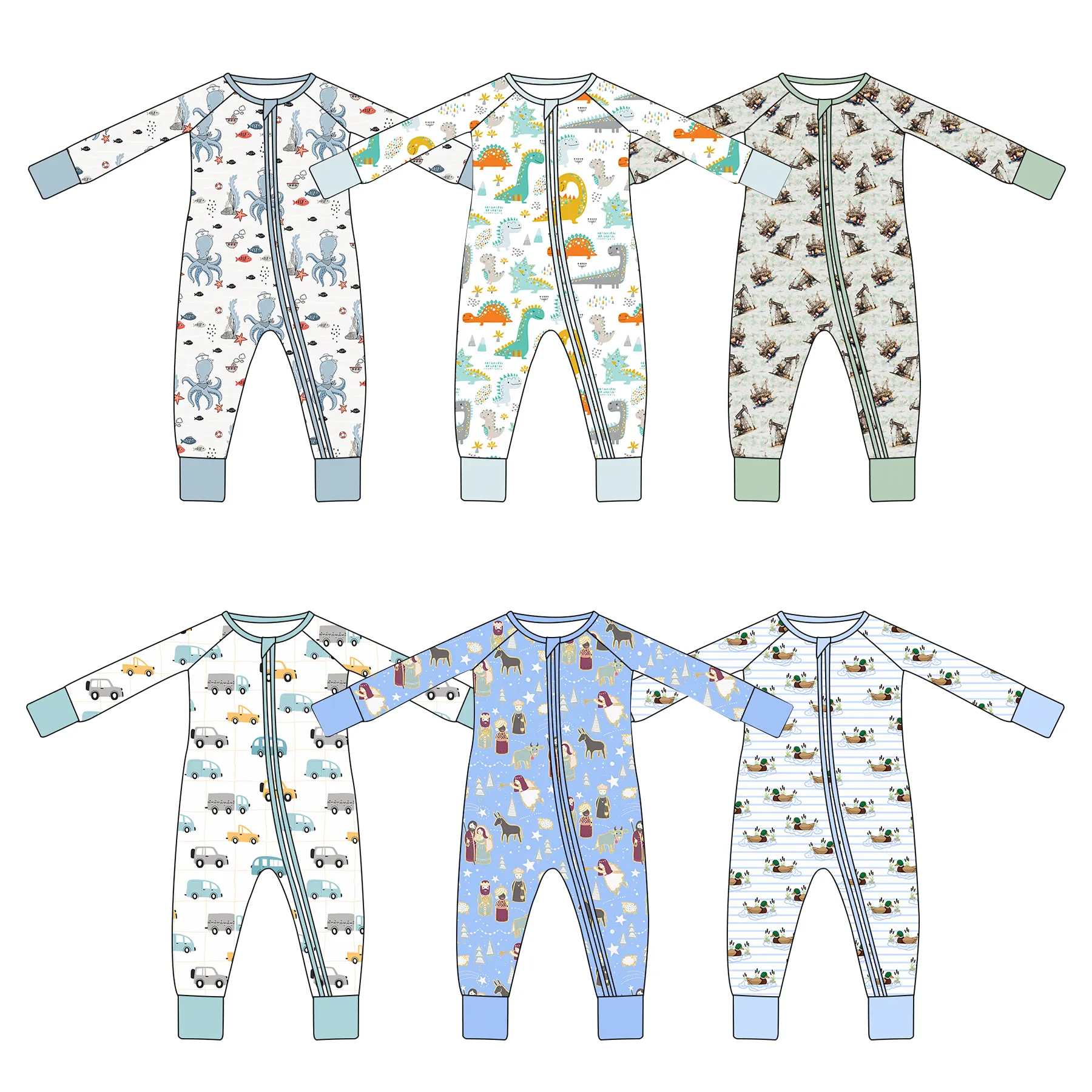 Macacão de bebê com babado e zíper para meninos e meninas, roupa de dormir com babado com estampa personalizada, viscose de bambu 95% 5% spandex, novidade macia