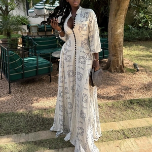 J244 <span class=keywords><strong>Abito</strong></span> Casual Trendy da <span class=keywords><strong>Donna</strong></span> con Stampa Africana, Vestito Lungo con Colletto Alto, Maniche Lunghe, Bottoni e Cintura in Vita, Linea A Fluida per Feste - Product Image 2