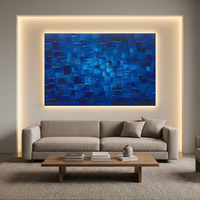 MyArton Tableau mural original sur toile, peint à la main, motif carrés abstraits texturés, peinture à l'huile moderne bleu foncé, décoration prête à accrocher