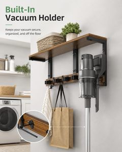 Soporte de Pared para Escobas y Fregonas, Estante de Madera de 27 Pulgadas |   Ganchos Metálicos Móviles de Diseño Rectangular de un Solo Nivel con 5 Pinzas Resistentes para - Product Image 5