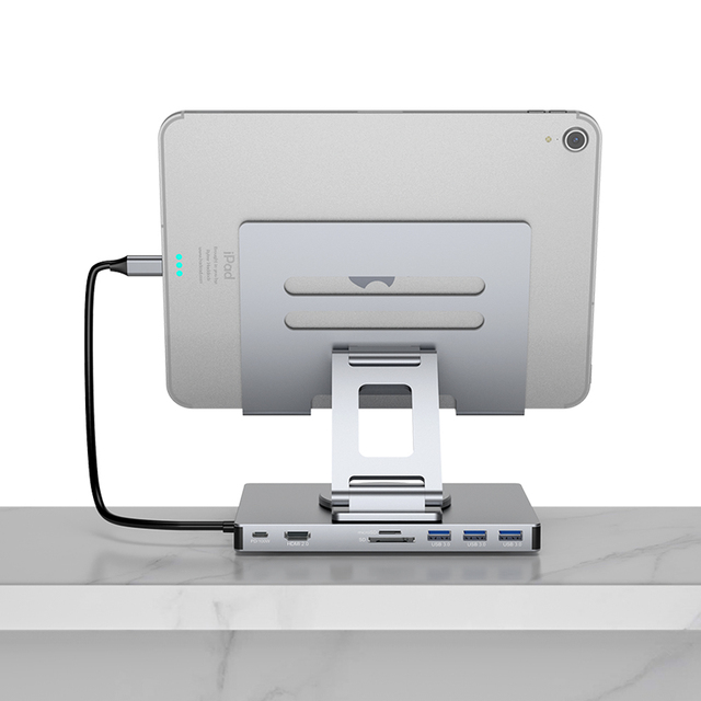 Aluminum Alloy 360 Rotation Foldable Tablet Stand 8 in 1 USB C Hub Stand Docking Station for iPad With USB 3.0 Ports SD/TF