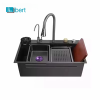 Évier de cuisine à cuve unique en acier inoxydable 304 noir, finition cascade, avec robinet intégré, multifonction, moderne, pour comptoir
