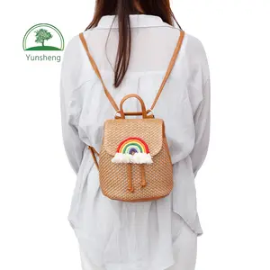 Yunsheng Straw BagRainbow Multifunctional Shoulder Bag Can Crossbody Bohemian Hairball Handmade Bucket Bag Beach Bags
