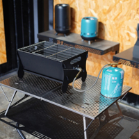 Mini foyer à gaz carré pliable en acier inoxydable, portable, pour le camping en plein air, avec revêtement résistant à la chaleur, facile à assembler et à nettoyer