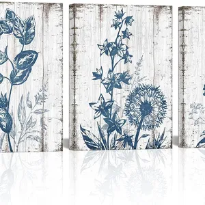 High quality Blue Floral Art Navy and Rust Flower Wall Pictures Rustic Painting Canvas Wall Decor