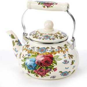 Théière en acier inoxydable émaillé de 2,5 L avec poignée, compatible gaz et induction, design rétro floral coloré - Product Image 5