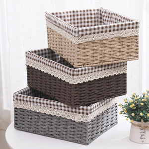 Panier de rangement pour la maison en paille et tissu tressé en saule, boîte de rangement carrée ouverte de style japonais pour le salon et - Product Image 2