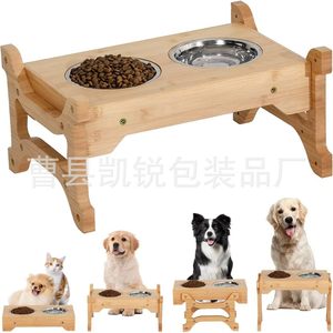 Comedero elevado de madera para mascotas con soporte doble para gatos y perros, con tazones para comida y agua - Product Image 2