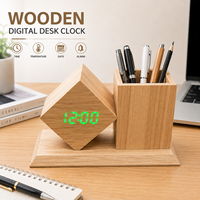 Horloge de bureau numérique créative avec support pour stylo, réveil vocal, LED silencieuse, en bois, moderne, pour bureau, salon, cadeau électronique
