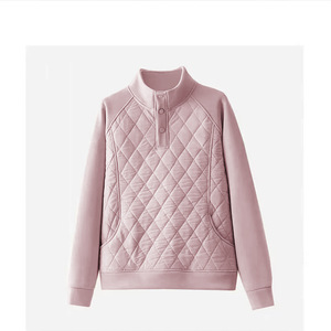Women's Long Sleeve Stand Collar Quilted Sweatshirt Diamond Pattern Warm Knitted Top Green Light Gray Pink - Product Image 2