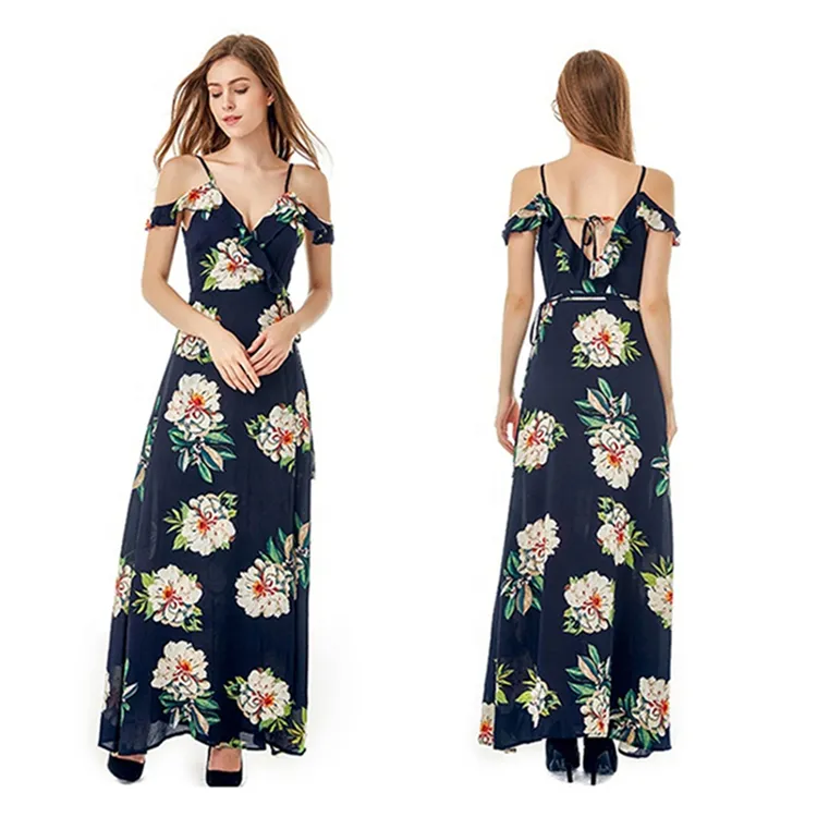 Bohemian Style Latest Design Maxi Dresses Floral Halter Backless Beach Elegant Dress Wears Women Summer Trending Print Dress